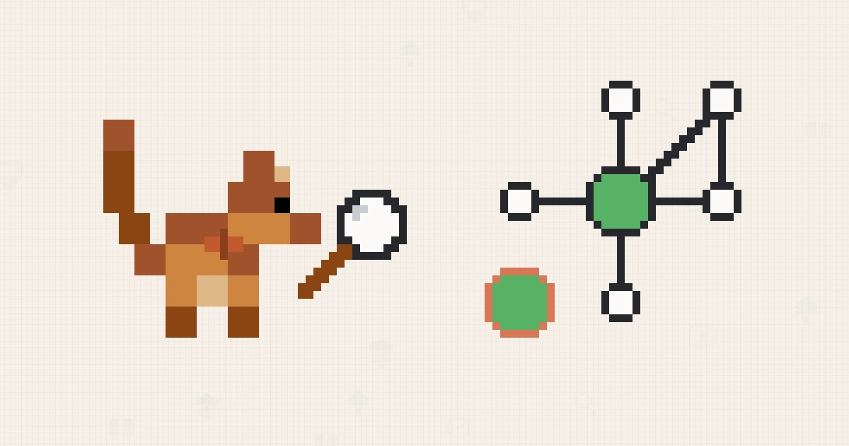 The squirrelscan mascot holding a magnifier up to a pixel entity map, a green organization node with five connected entities and a stray second copy of the organization off to one side