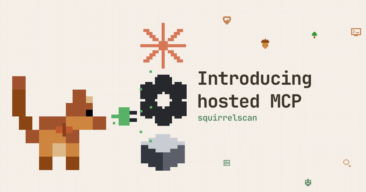 The squirrelscan mascot plugging into Claude, OpenAI, and Cursor, pixel art
