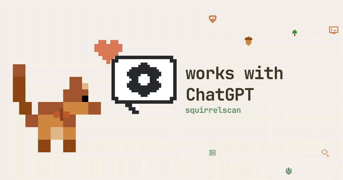 Pixel art of the squirrelscan squirrel with the ChatGPT logo in a speech bubble