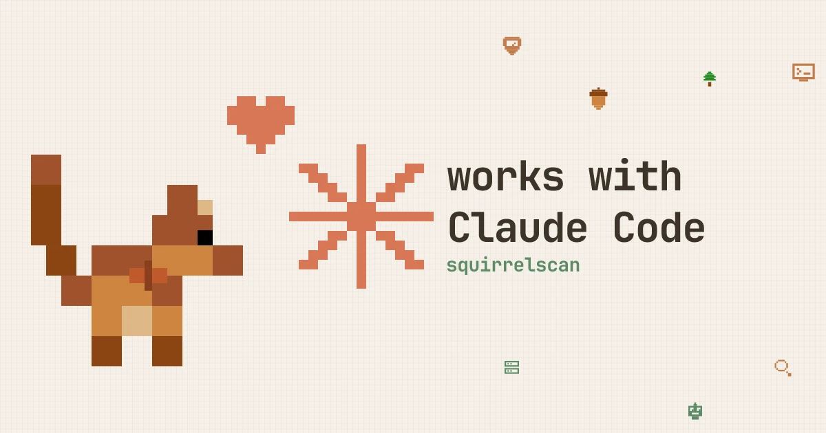 Pixel art of the squirrelscan squirrel with the Claude Code spark logo