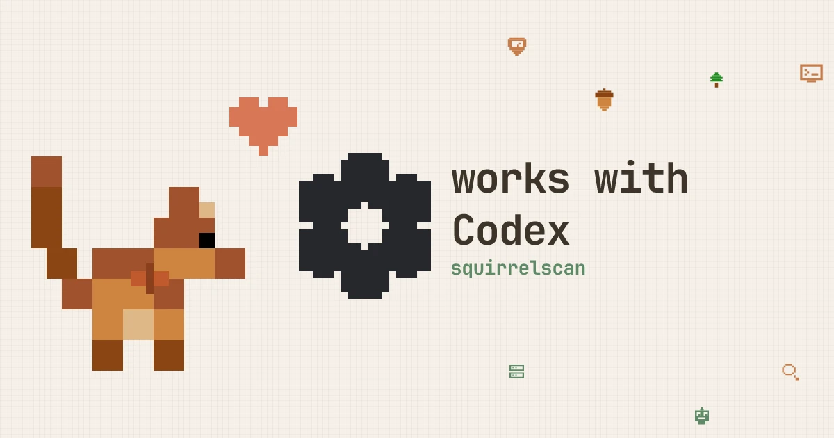 Pixel art of the squirrelscan squirrel with the OpenAI Codex logo