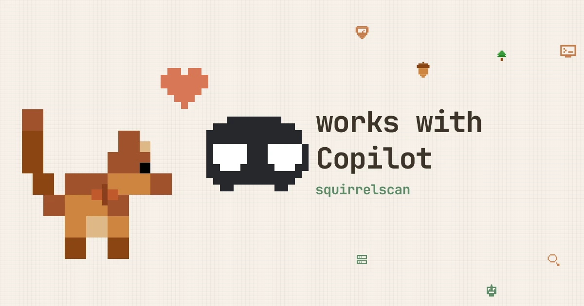 Pixel art of the squirrelscan squirrel with the GitHub Copilot goggles logo