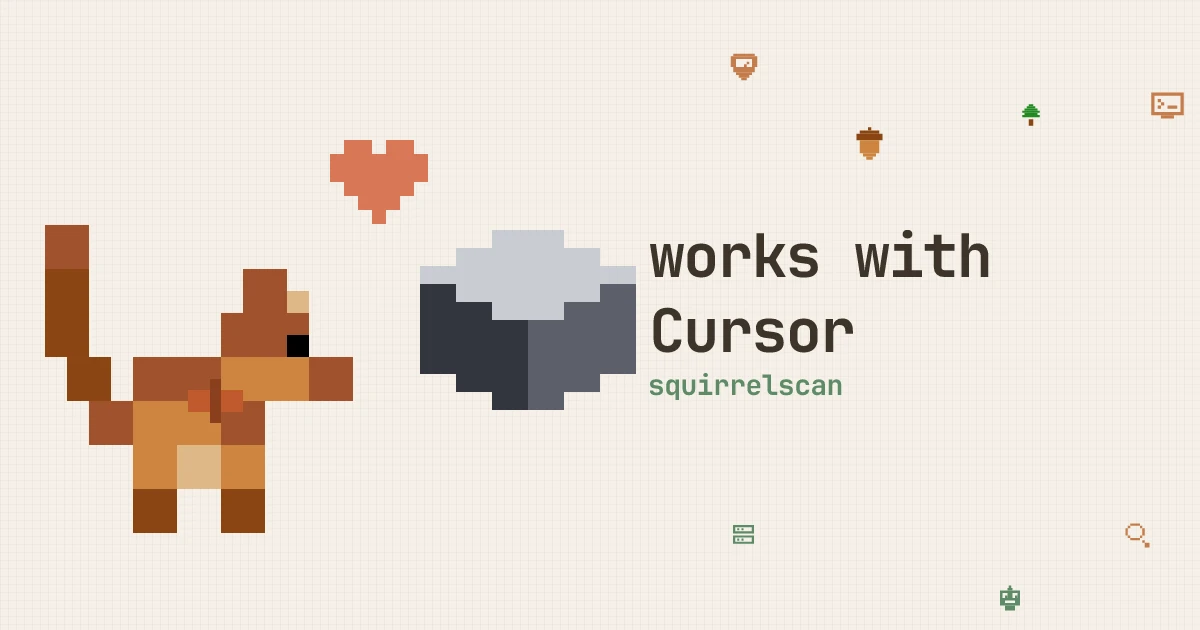 Pixel art of the squirrelscan squirrel with the Cursor cube logo