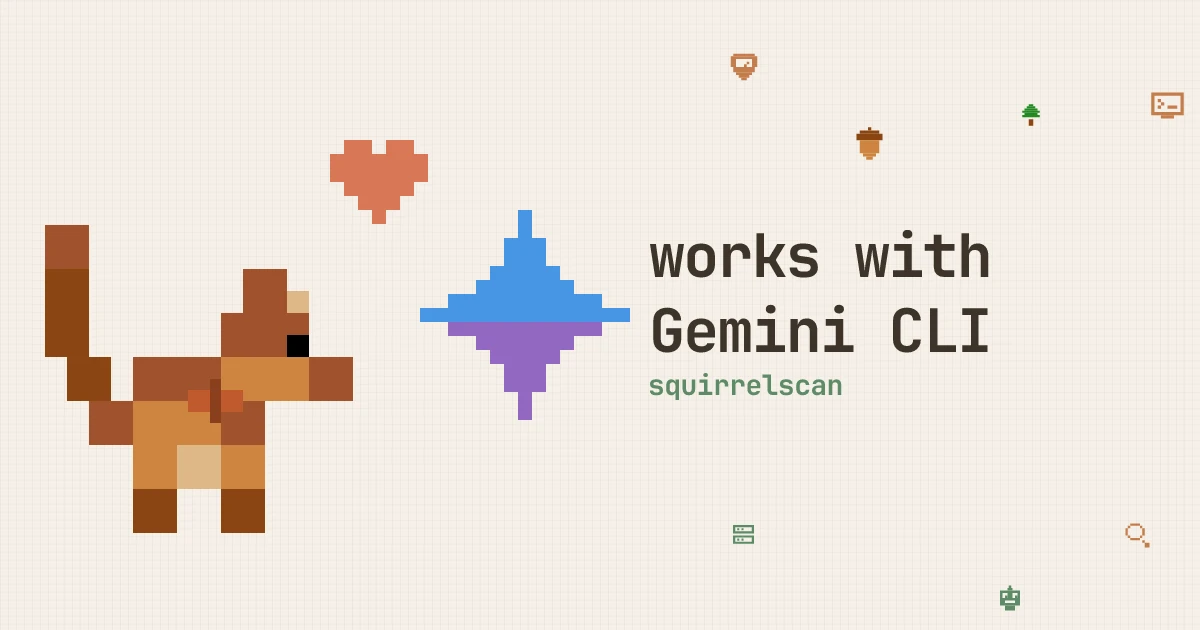 Pixel art of the squirrelscan squirrel with the Gemini star logo