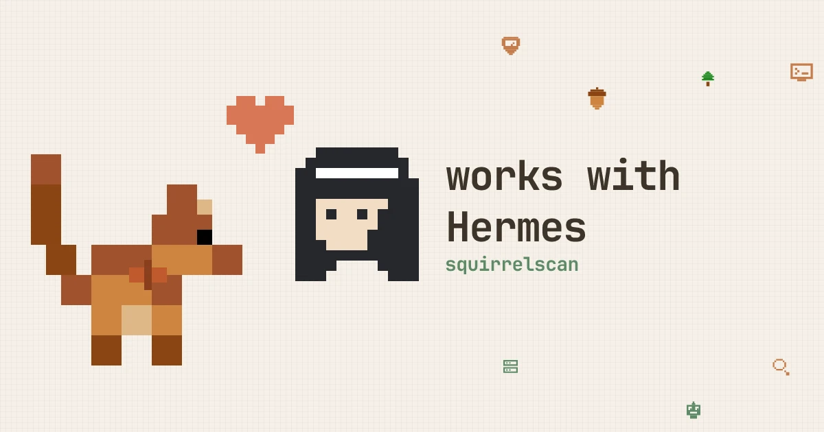 Pixel art of the squirrelscan squirrel with the Hermes mascot