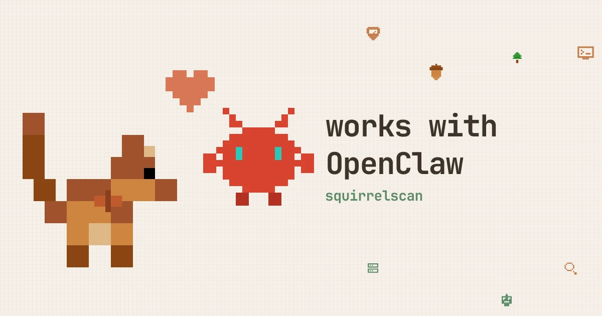 Pixel art of the squirrelscan squirrel with the OpenClaw crab mascot