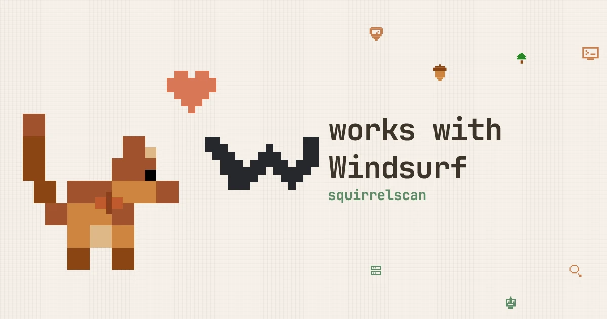 Pixel art of the squirrelscan squirrel with the Windsurf wave logo